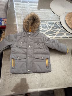 Kids Gray Puffer Jacket with Faux Fur Hood