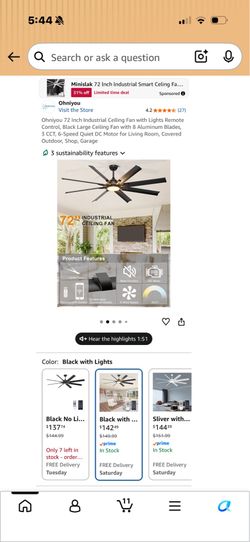 Ohniyou 72 Inch Industrial Ceiling Fan with Lights Remote Control,