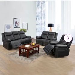 Black Leather Fully Reclining Three Piece Couch Set 