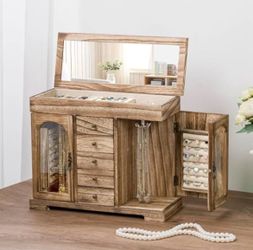 Jewelry Box Women Girls Rustic Wooden Jewelry Organizer Box W/ Mirror 5 Layer