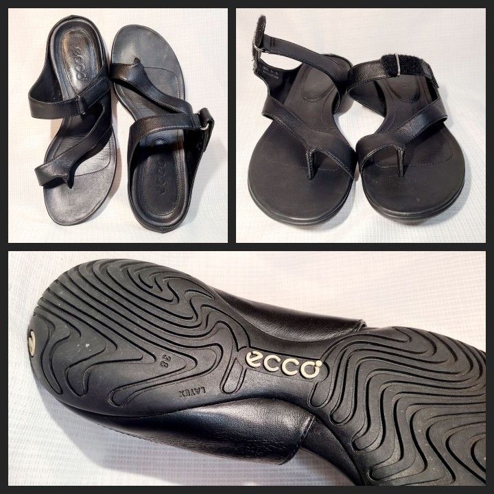 ECCO Thong Sandals Black Leather Toe-Loop EU 38 (US 7 to 7.5) Hook & Loop Strap