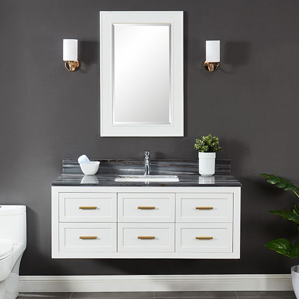 BATHROOM VANITY White 48” LORAN FLOATING with Greyish-Blue Marble Top, FREE Shipping