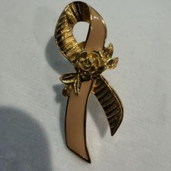 Vintage Avon Gold Tone Pink Ribbon Rose Breast Cancer Awareness Brooch Pin
