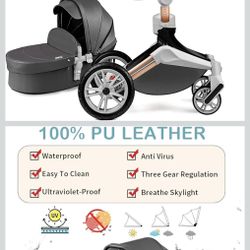 360 Degree Rotation Baby Stroller/Carriage, PU Leather Pushchair Pram, (F023) (F023 Black)
