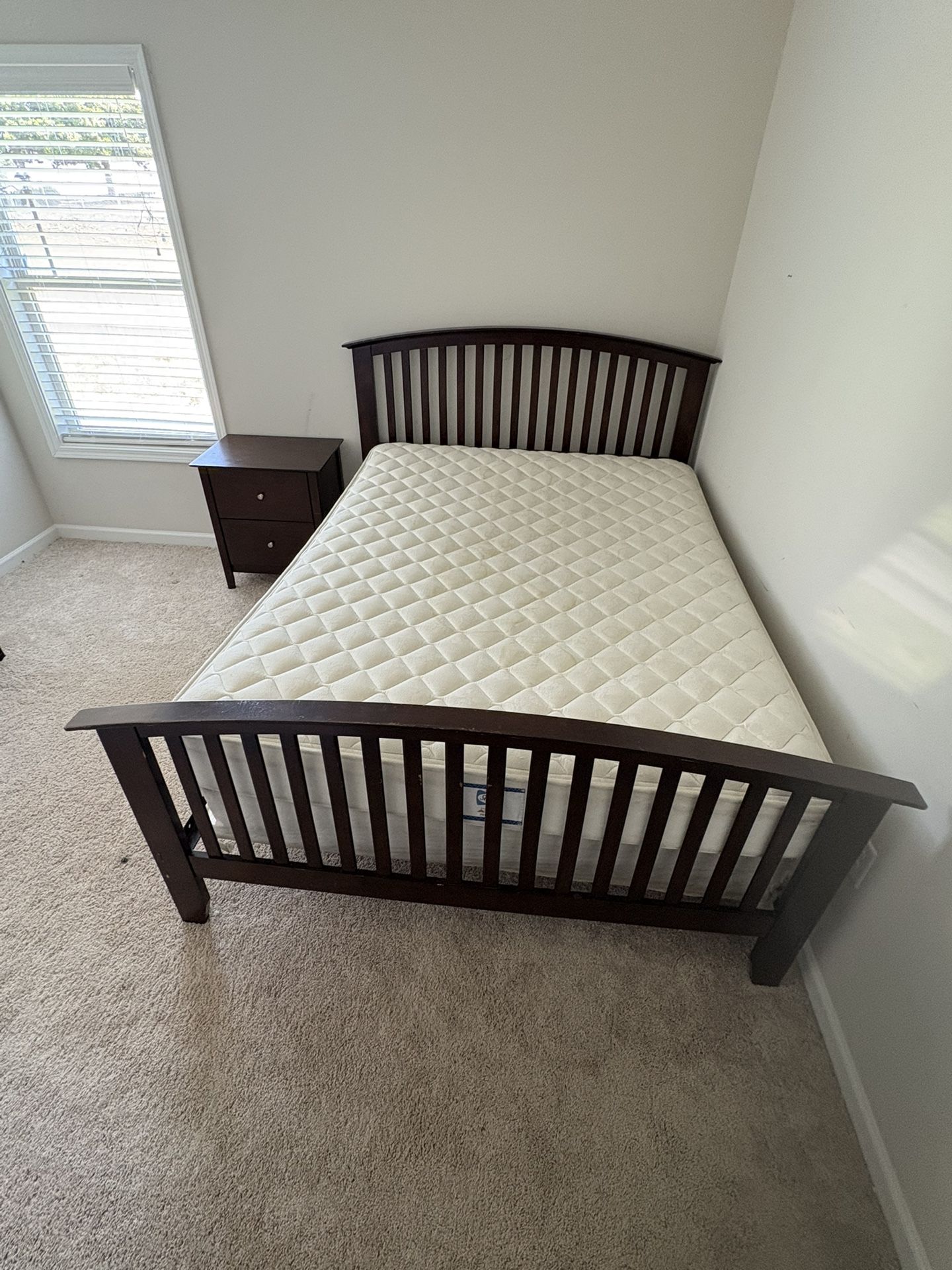 Brown Queen Bed Frame w/ mattress and Box spring