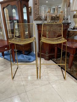 Pair of Elegant CB2 Alpha Brass Counter Stools with Woven Wire Design🌷