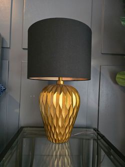 Pair of Gold Textured Table Lamps with Black Shades – $200