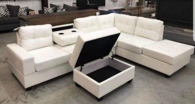 NEW IN BOX White Faux Leather Sectional With FREE Ottoman 