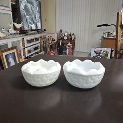 Set Of 2 White Milk Glass Rose Bowls Duette Pattern Known As The Quilted Diamond, Ruffled Edges (2 Different Vendors, Slightly Different Whites) 