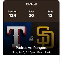 Padres Tickets (2) Vs Rangers FRONT ROW section 124