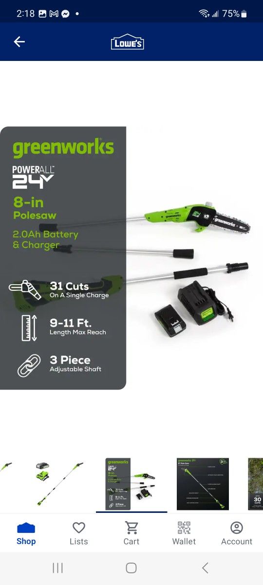 Greenworks 24-volt 8-in 2 Ah Battery Pole Saw Battery
Included, Charger Included