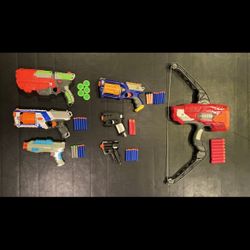 Nerf Guns, 6 Pistols complete with Nerf brand Darts, Nerf Mega  Thunderbow, 30 after market plastic tipped spare darts
