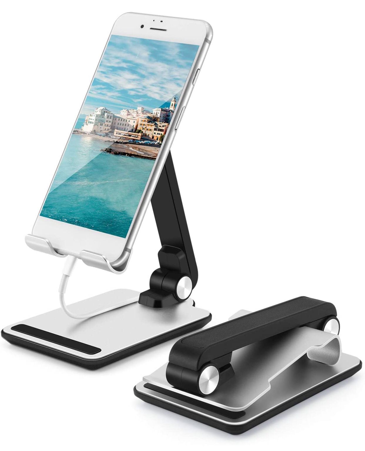 Adjustable Cell Phone Stand Foldable Phone Stand for Desk Bed Tablet Stands Aluminum Alloy Compatible with 4-13" Device Silver