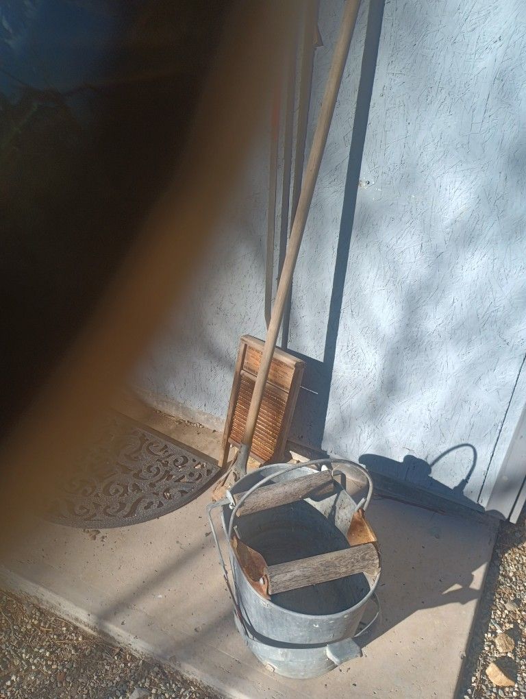 Vintage Washing Bucket With Original Mop. Including Washboard