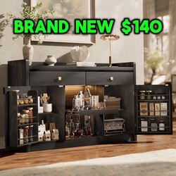 55" Sideboard Buffet Cabinet with Charging Station & LED Light, Coffee Bar Cabinet with Drawers, Pull-Out Shelf & Door Rack, Modern Storage Cabinet fo
