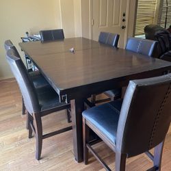 Dark Wood Dining Table with 6 Leather Chairs
