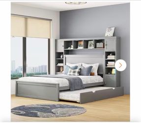 Gray Wood Frame Queen Size Platform Bed with All-in-One Cabinet, Multiple Shelves, Cabinets, Twin Trundle, USB, Drawers