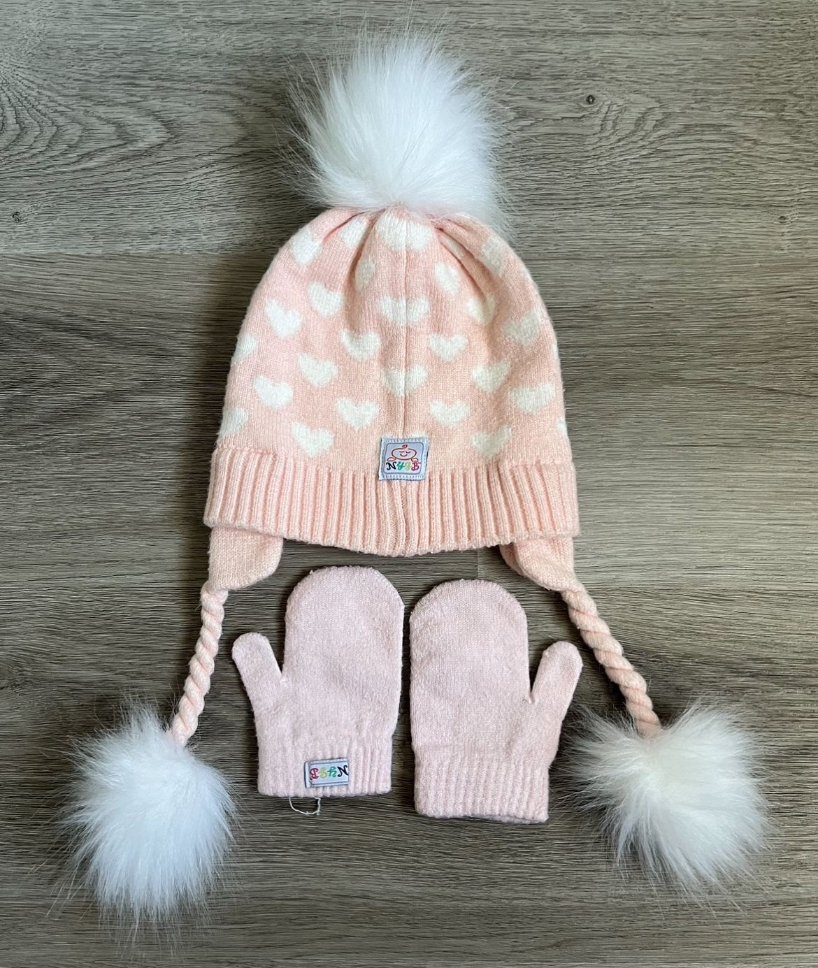 NYGB toddler girls light pink Beanie Hat & mittens set