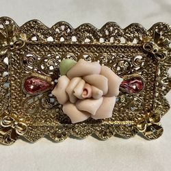 Vintage Brooch/Pin w/Pink Porcelain Rose & Pink Rhinestones. Victorian Style