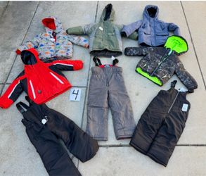 Big selection of boys and girls size 4-5 snow clothes. Jackets pants and bibs