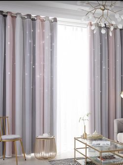 2pc Star Stripe Double-Layer Curtain For Bedroom W132*H183 (H72”*W52)