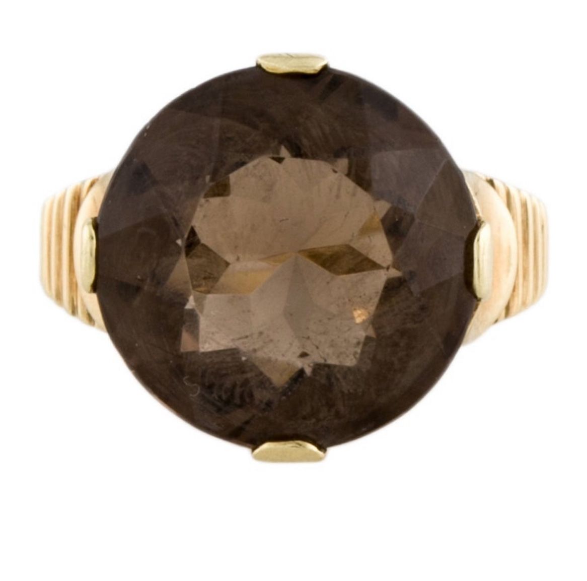 14K Yellow Gold 10.34 Carat Round Faceted Smoky Quartz Cocktail Ring