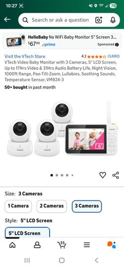 VTech Video Baby Monitor with 3 Cameras, 5" LCD Screen, Up to 17Hrs Video & 31Hrs Audio Battery Life, Night Vision, 1000ft Range, Pan-Tilt-Zoom, Lulla