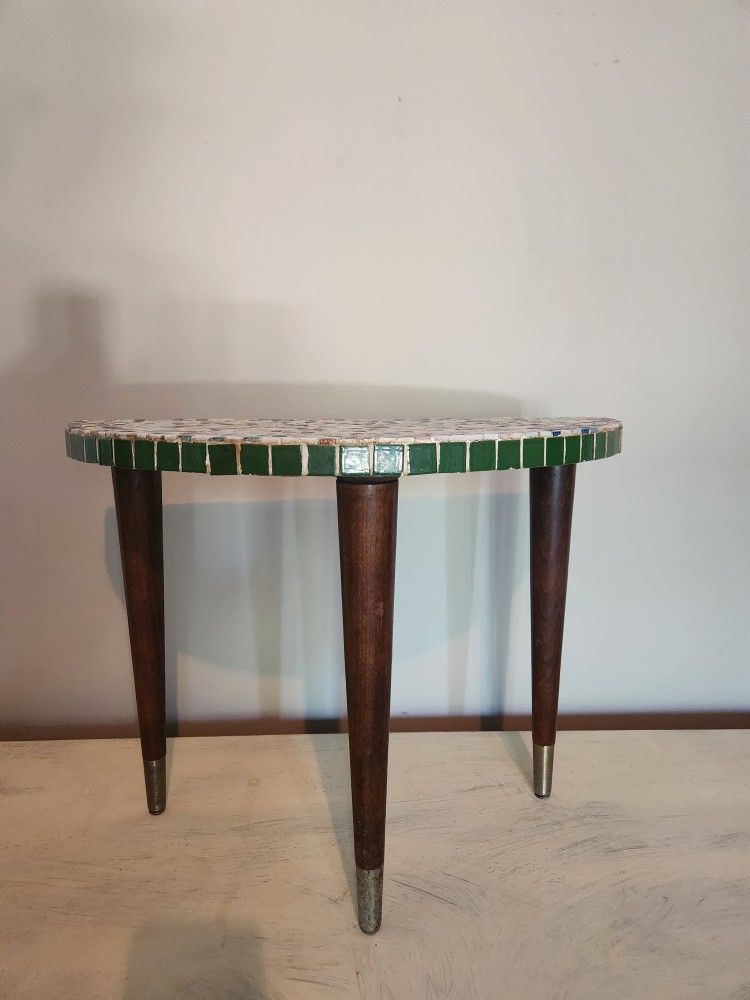 Mosaic Table Tile Art MCM Retro Wood Legs