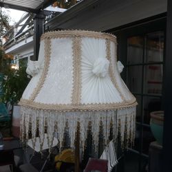 Victorian Beaded Lamp Shade Cream And Gold Good Condition 2ft At Large End Aprox