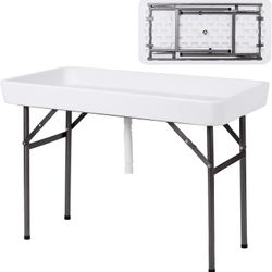 Folding Ice Table with Drain, 4 ft Portable Cooler with Removable Skirt, No Assembly, Fill and Chill Table for Food Drink Beverage, Foldable Party Ice