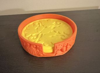 Fall Coaster Set with Holder | Autumn Pumpkin Maple Leaf Coasters Set of 4