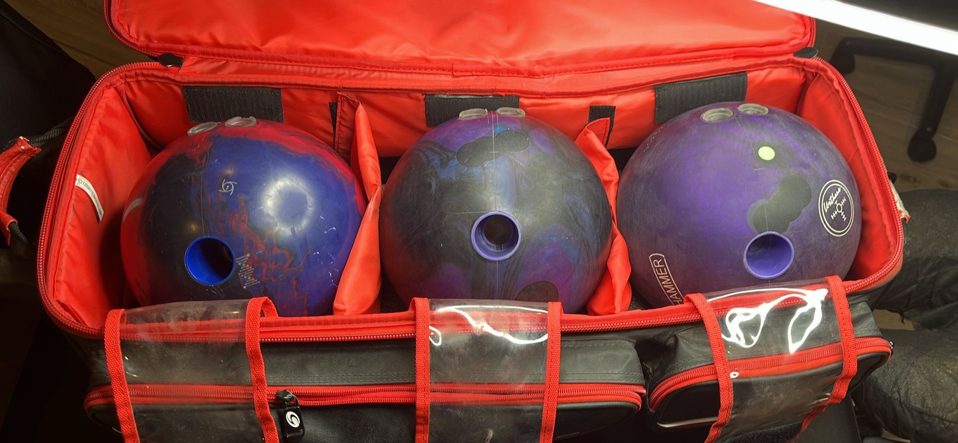 3 Bowling Balls At 14Lbs Drilled With Roller Bag.
