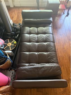 Brown Leather Futon Sofa Bed / Lounge Couch – Good Condition
