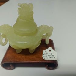 Vintage Carved Jade FOO DOG Urn Jar Lid Wood Stand "