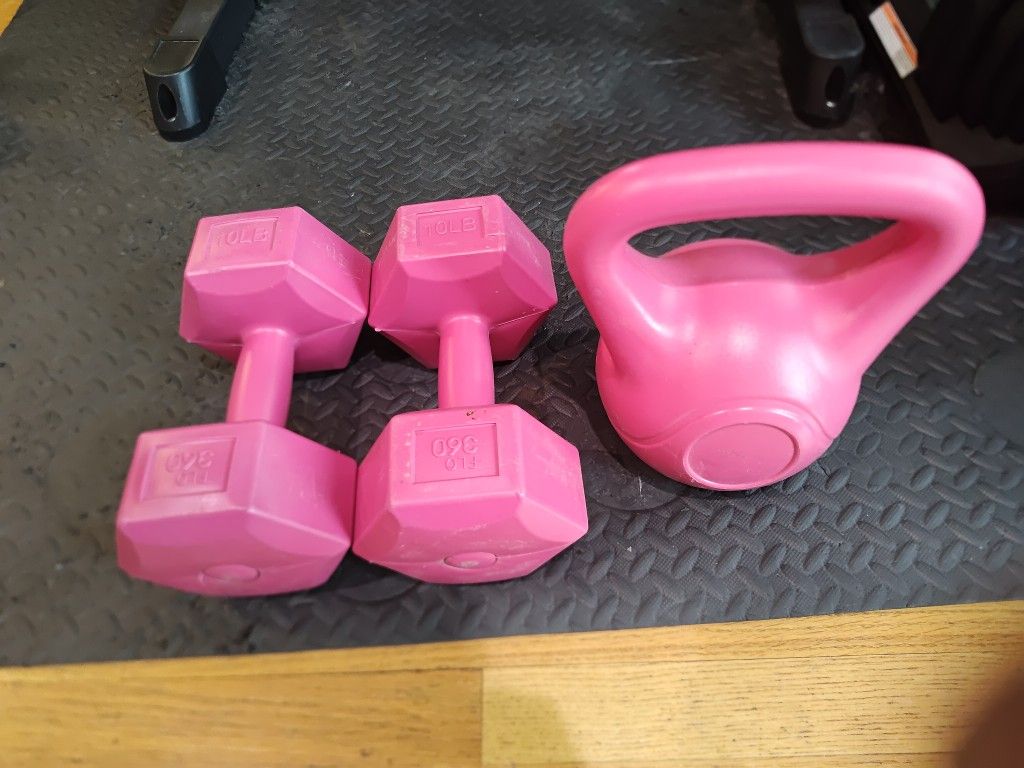 Plastic 10lb Dumbbells And Kettlebell-