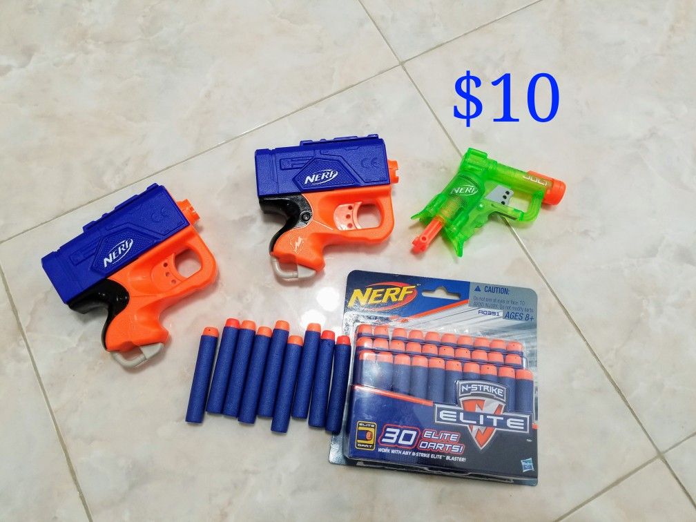 3 Nerf guns and 40 darts for kids