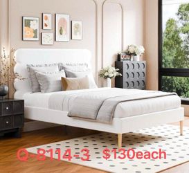 (Q-8114-3)(130$each)Queen Size Bed Frame 52.4" Modern Velvet Upholstered Platform Bed Biscuit-Edge High Headboard White