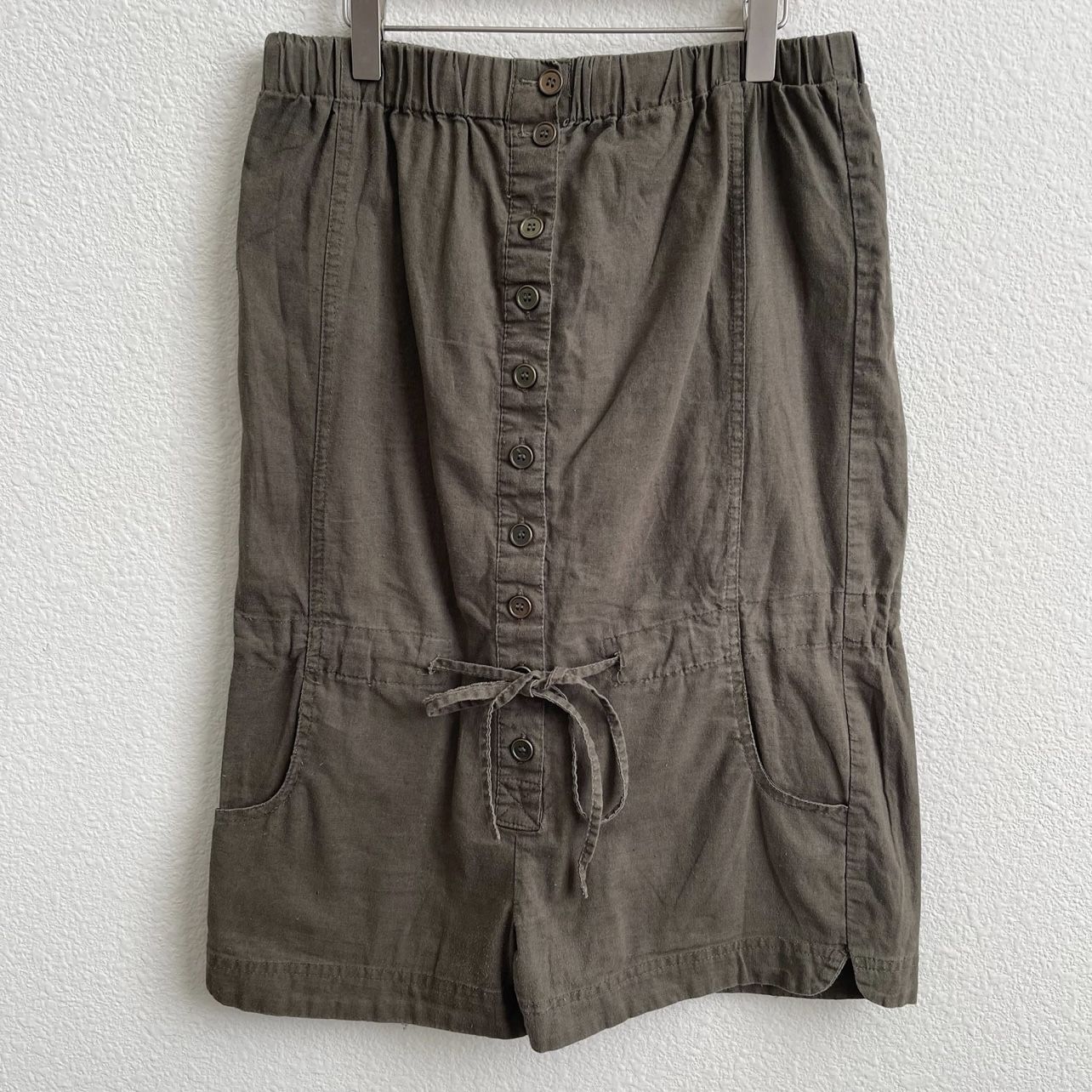 CHESLEY Khaki Olive Green Linen Strapless Button Up Waist Tie Romper Shorts