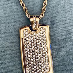 Men’s Sparkling CZ Dog Tag Pendant On 24” RopeChain- Gold On Stainless Steel- *Ship Nationwide Or Pickup Boca Raton