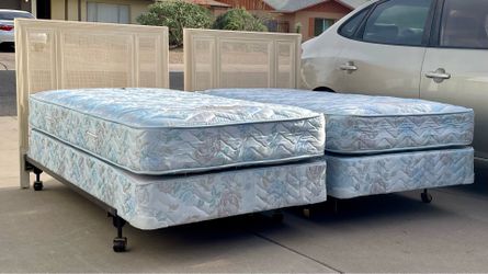 Vintage Pair of Drexel Heritage Twin Cane Back Headboards w/ Mattress & Frame
