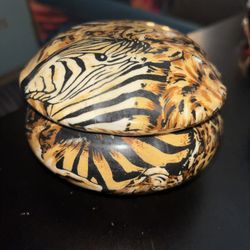 La Vie Hand Crafted Art Decoupage Porcelain  Safari WILD Animals Trinket Dish 