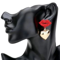 Rhinestone Embellished Lip Metal Heart Link Dangle Earrings