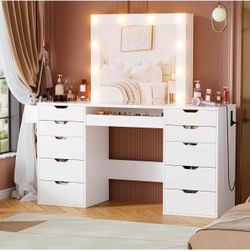 Vanity Desk with Mirror and Lights, with Hidden Sliding Storage Cabinet I-25