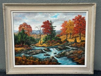 Original Oil Painting Autumn Landscape Deer River Forest Signed Hal Sautter