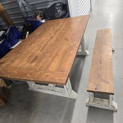 Wood Farmhouse Style Kitchen Table With Two Benches