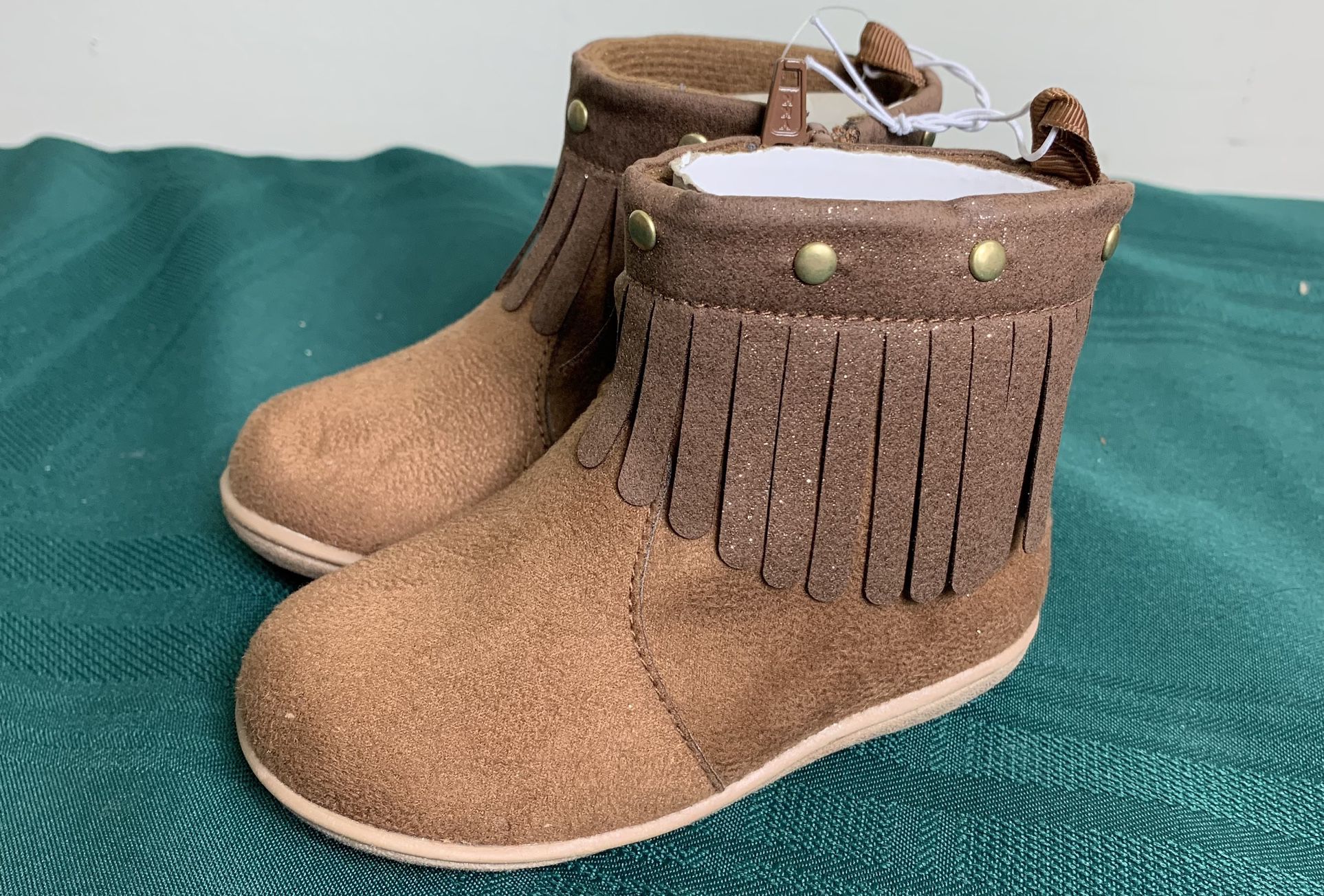 New Koala Kids toddler girl size 5 brown suede studded fringed booties ankle boots with zippers 