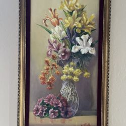 Orig Signed Oil Painting. Vintage W Gold Leaf Frame And Velvet Matting MCM 