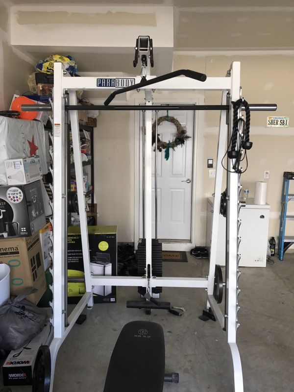 Parabody Serious Steel smith machine, home gym with 200lb weight stack and many plates