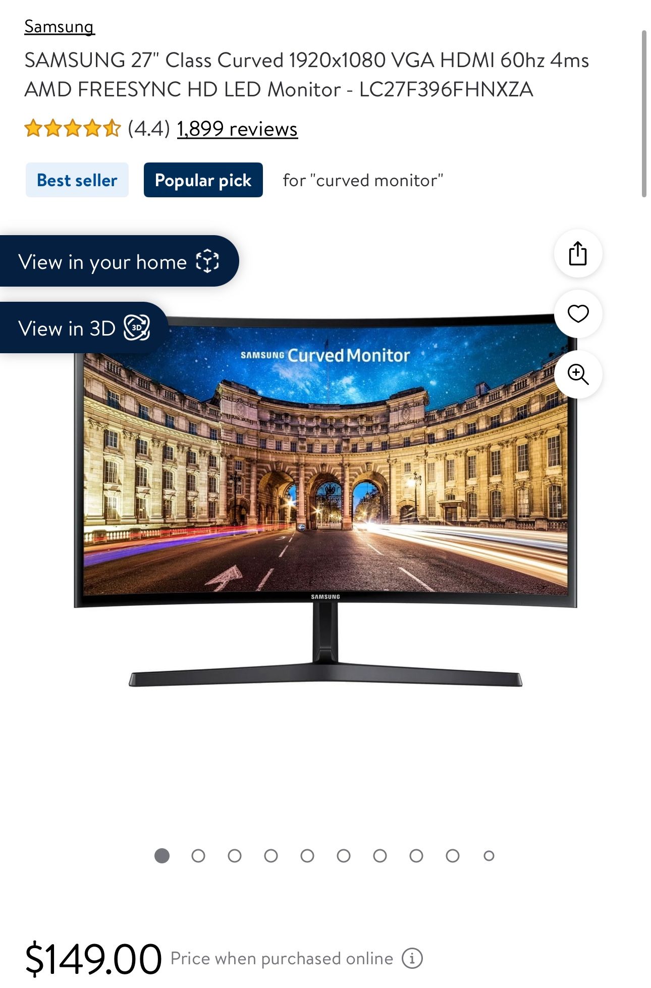 SAMSUNG 27" Class Curved 1920x1080 VGA HDMI 60hz 4ms AMD FREESYNC HD LED Monitor 