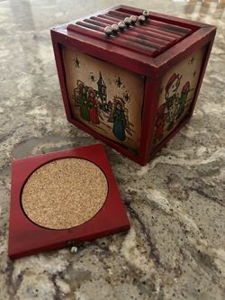 Vintage Wooden  Box With 4 Leather Inset Sides And 8 Wood and Cork Coasters